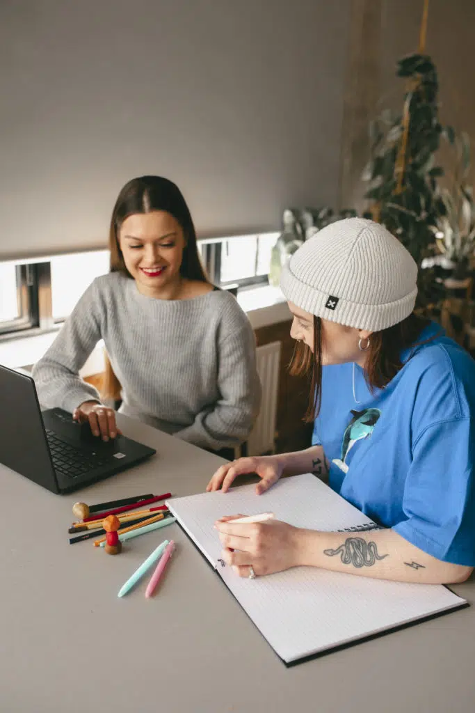 Two students working at laptop