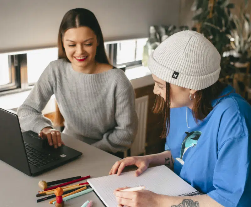 Two students working at laptop