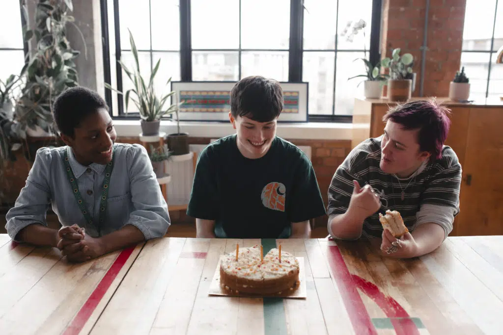 Rachele, Corey and Austin eating birthday cake