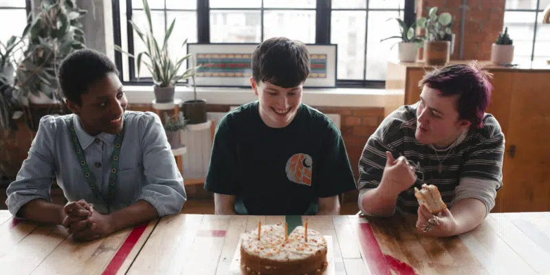Rachele, Corey and Austin eating birthday cake