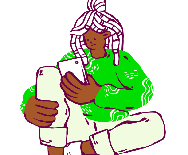 Illustration Black young woman with green jumper on phone