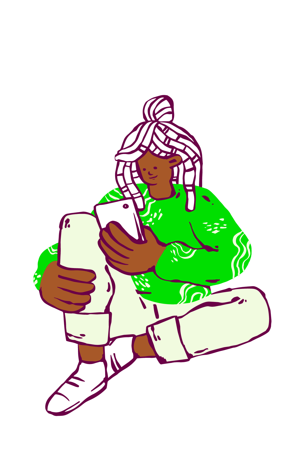 Illustration Black young woman with green jumper on phone