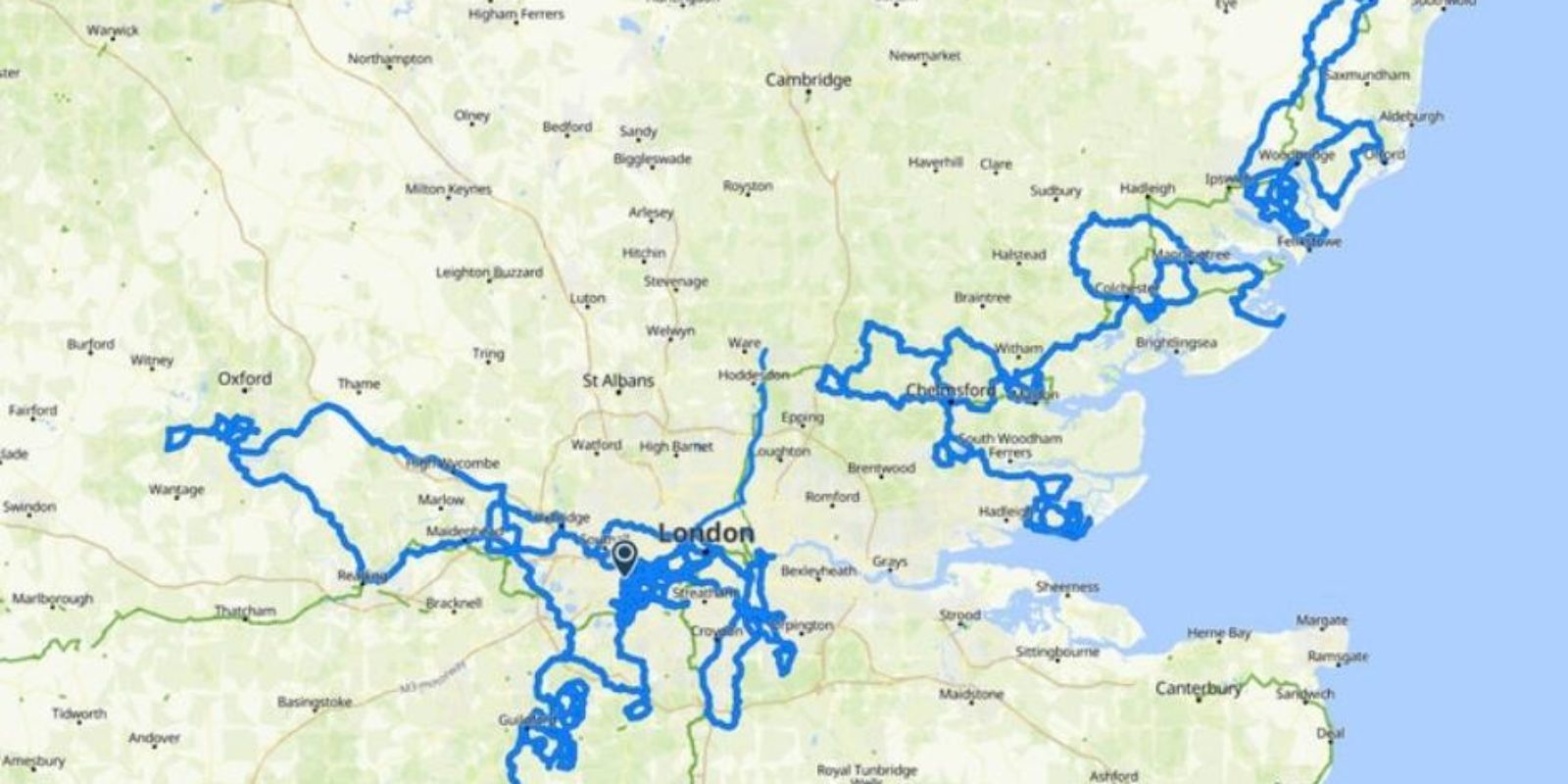 Map of England showing all the combined routes cycled by fundraisers