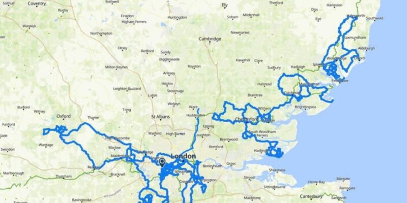 Map of England showing all the combined routes cycled by fundraisers