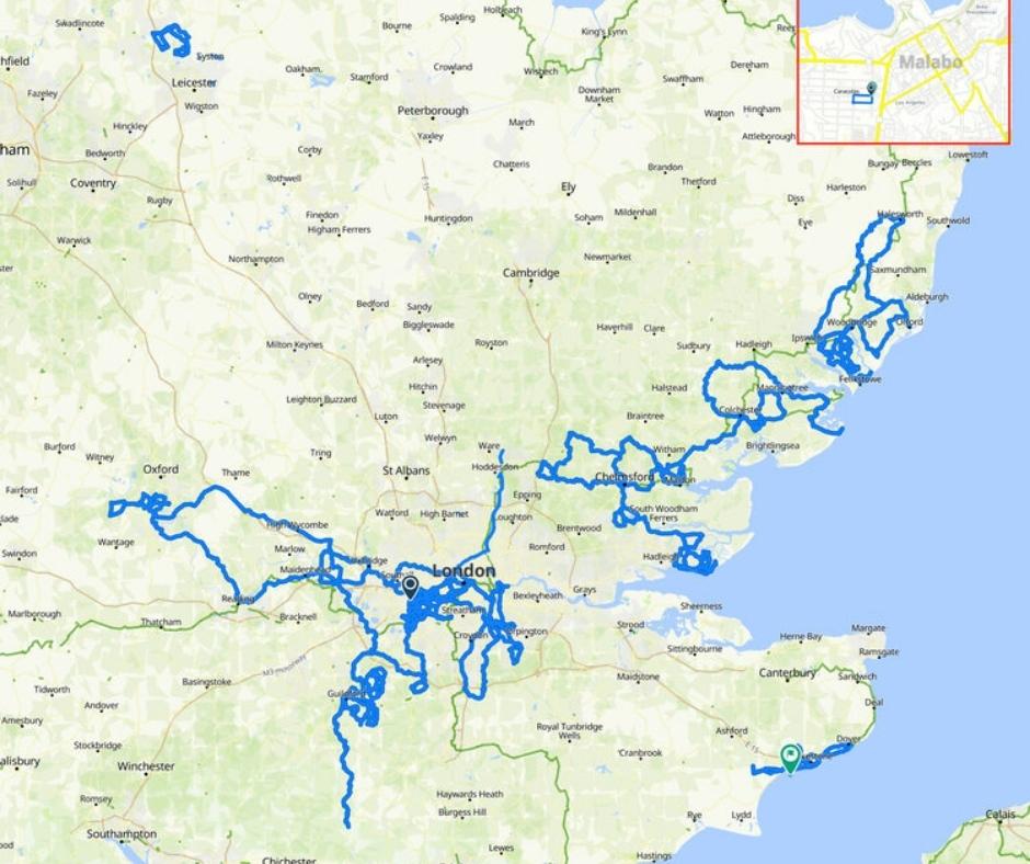 Map of England showing all the combined routes cycled by fundraisers