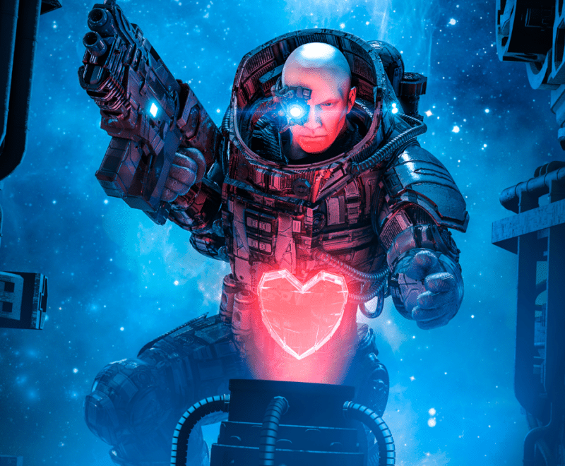 Cyber punk gaming character picking up extra life heart