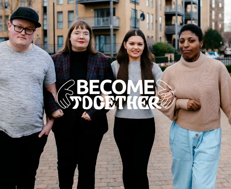 Four young people standing arm-in-arm with the Become Together logo in front