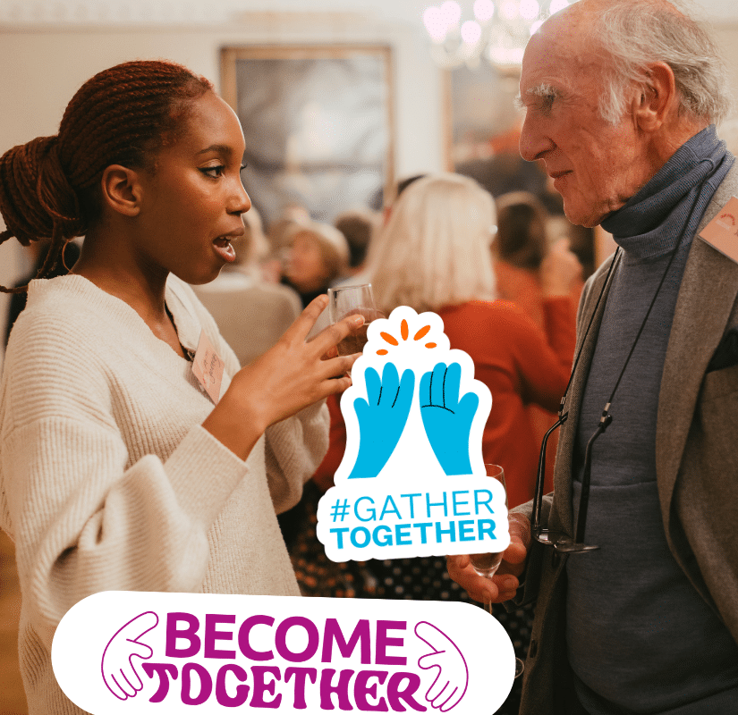 Young woman in discussion with an older man within a crowd of people, with Become Together logo in front